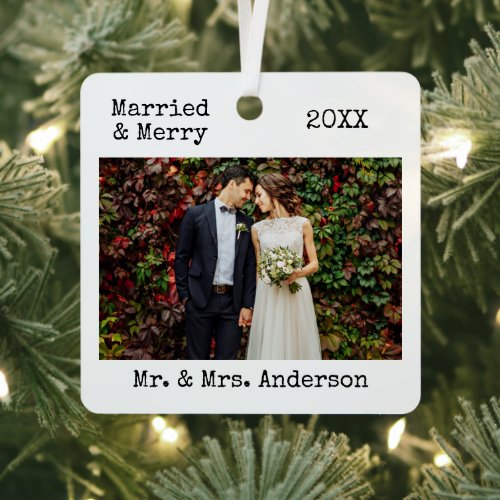 Typewriter Text Married and Merry Wedding Photo Metal Ornament