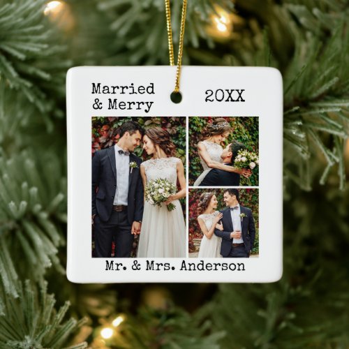 Typewriter Text Married and Merry Wedding Photos Ceramic Ornament