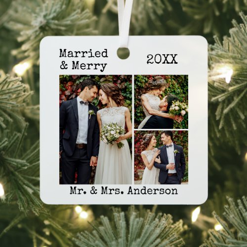 Typewriter Text Married and Merry Wedding Photos Metal Ornament