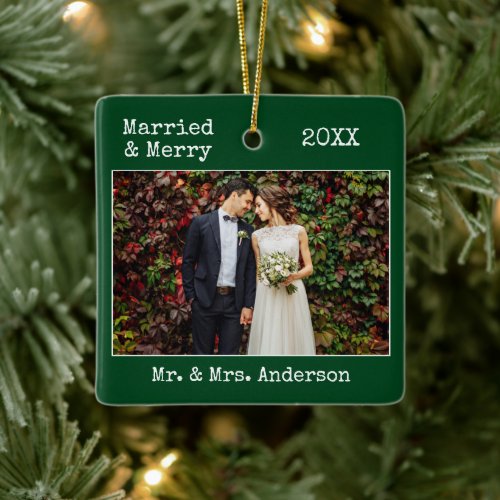 Typewriter Text Married Merry Wedding Photo Green Ceramic Ornament