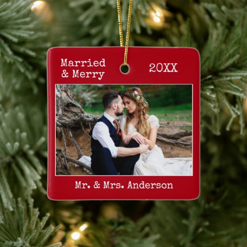 Typewriter Text Married Merry Wedding Photo Red Ceramic Ornament