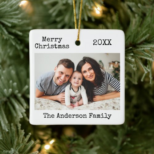 Typewriter Text Merry Christmas Family Photo Ceramic Ornament