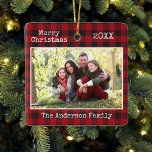 Typewriter Text Merry Christmas Family Photo Plaid Ceramic Ornament<br><div class="desc">Modern Trendy Typewriter Text Simple Minimalist,  Merry Christmas Family Photo Ceramic Ornament - Red Buffalo Plaid</div>