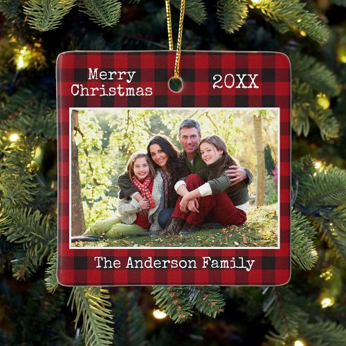 Typewriter Text Merry Christmas Family Photo Plaid Ceramic Ornament