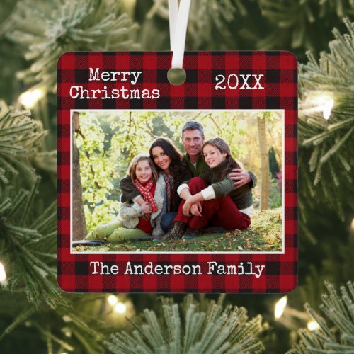 Typewriter Text Merry Christmas Family Photo Plaid Metal Ornament
