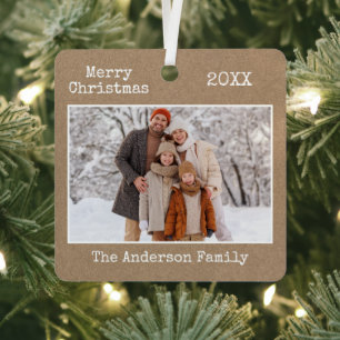 Typewriter Text Merry Christmas Kraft Family Photo Metal Ornament