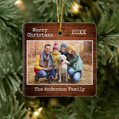 Typewriter Text Merry Christmas Wood Family Photo Ceramic Ornament