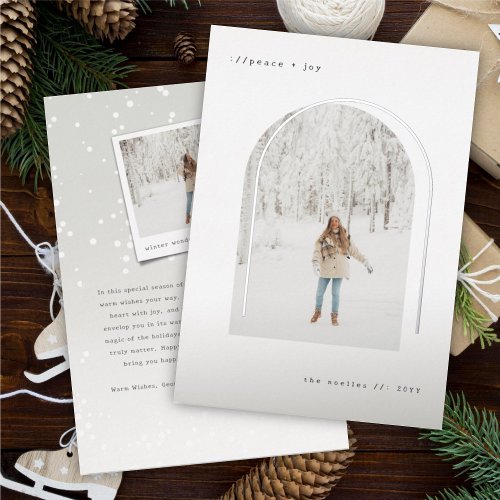 Typewriter Text Minimalist Arch Simple Chic Photo Foil Holiday Card