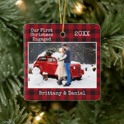 Typewriter Text Our First Christmas Engaged Plaid Ceramic Ornament