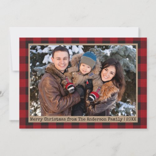 Typewriter Text Plaid Christmas Family Photo Kraft Holiday Card