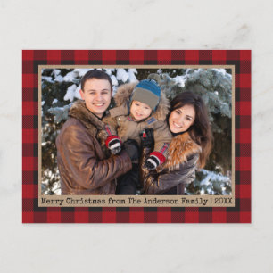 Typewriter Text Plaid Christmas Family Photo Kraft Postcard