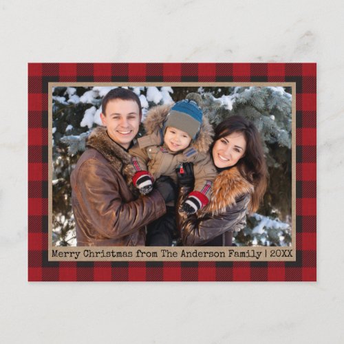 Typewriter Text Plaid Christmas Family Photo Kraft Postcard