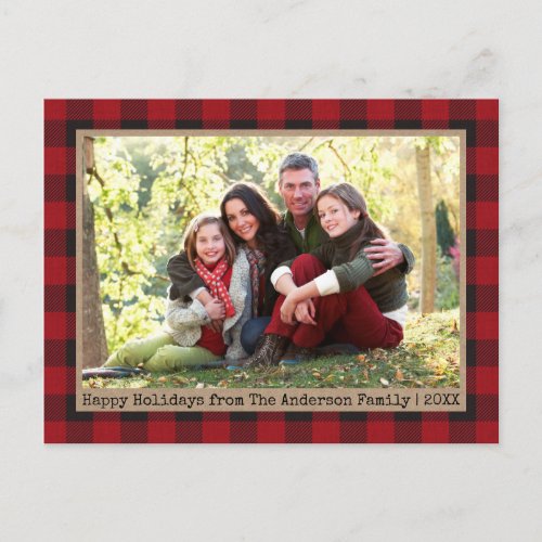 Typewriter Text Plaid Family Photo Kraft Holiday Postcard