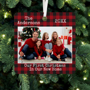 Typewriter Text Plaid First Christmas New Home Metal Ornament