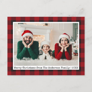 Typewriter Text Red Plaid Christmas Family Photo Postcard