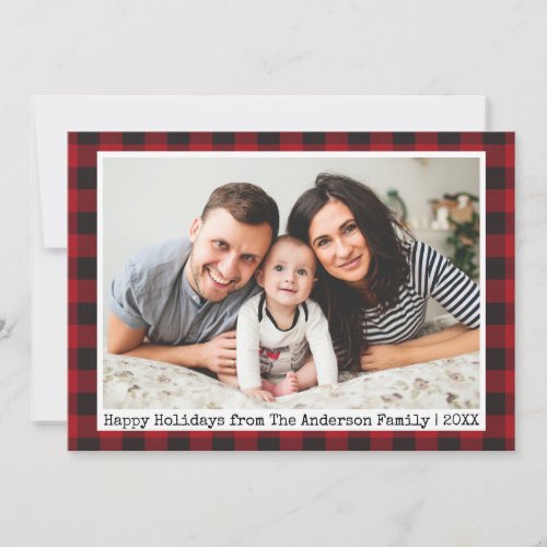 Typewriter Text Red Plaid Family Photo Holiday Card