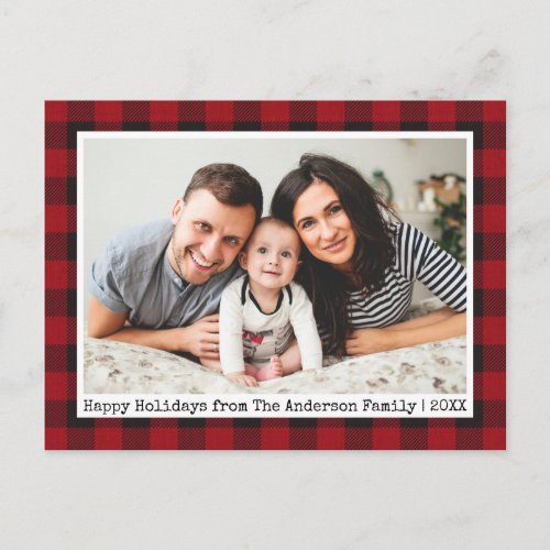 Typewriter Text Red Plaid Family Photo Holiday Postcard