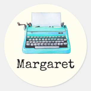 Typewriter With Name Girly Aqua Retro 60s Classic Round Sticker