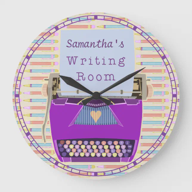 Creative Writing Clock Typewriter Writing Room Personalized Author Large Clock | Zazzle