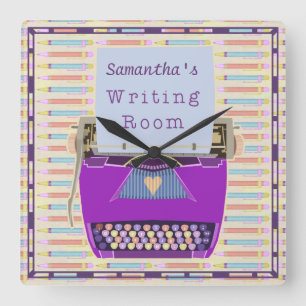 Typewriter Writing Room Personalized Author Purple Square Wall Clock