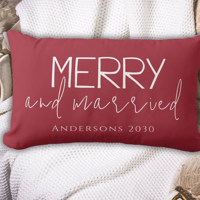 Typhography Merry And Married First Christmas Red  Lumbar Pillow (Creator Uploaded)