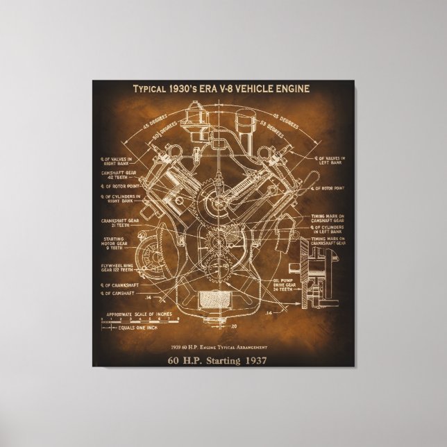Typical 1930's ERA V-8 Motor Engine Blueprint Canvas Print (Front)