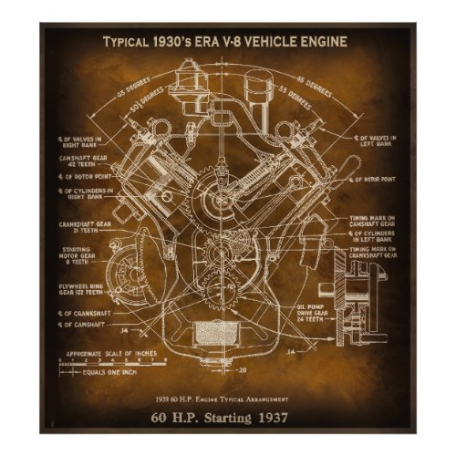 Typical 1930s ERA V_8 Motor Engine Blueprint Photo Print