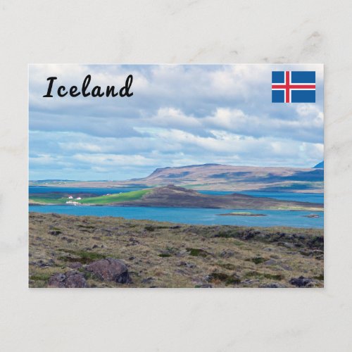 Typical Iceland morning seascape with farms Postcard