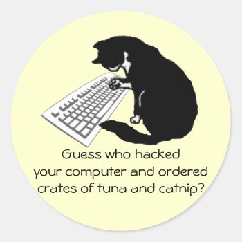 Typing Cat Classic Round Sticker by KirstenStar at Zazzle