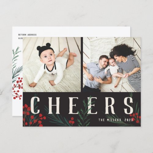 Typographic Botanicals 2 Photo Cheers Holiday Postcard