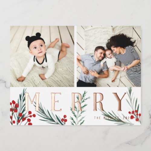 Typographic Botanicals 2 Photo Collage Merry Foil Holiday Postcard