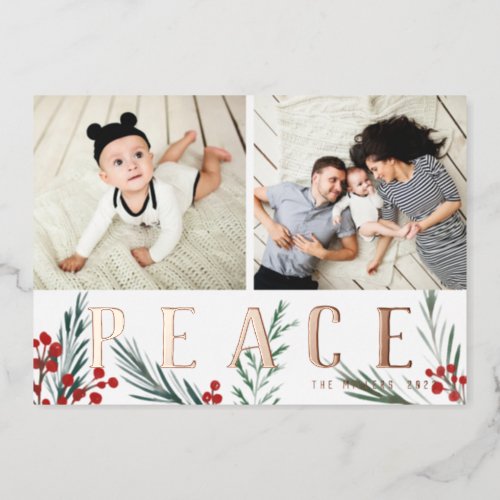 Typographic Botanicals 2 Photo Collage Peace Foil Holiday Card