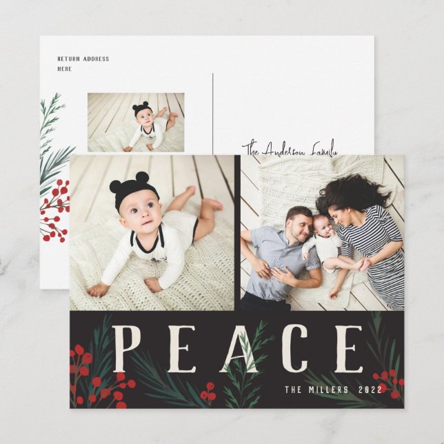 Typographic Botanicals 2 Photo Peace Holiday Postcard (Front/Back)