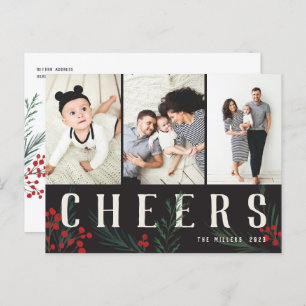 Typographic Botanicals 3 Photo Cheers Holiday Postcard