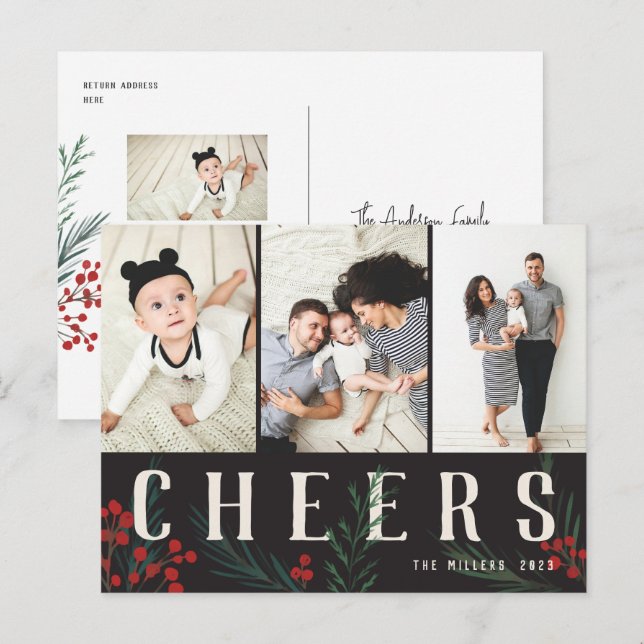 Typographic Botanicals 3 Photo Cheers Holiday Postcard (Front/Back)