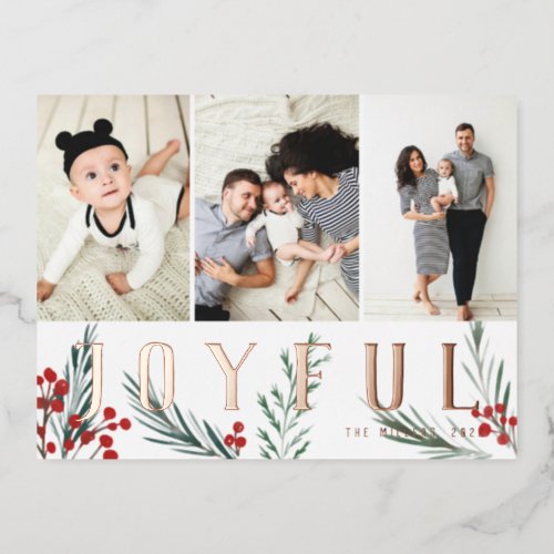 Typographic Botanicals 3 Photo Collage Joyful Foil Holiday Postcard