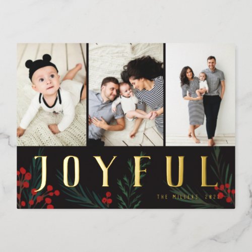 Typographic Botanicals 3 Photo Collage Joyful Foil Holiday Postcard
