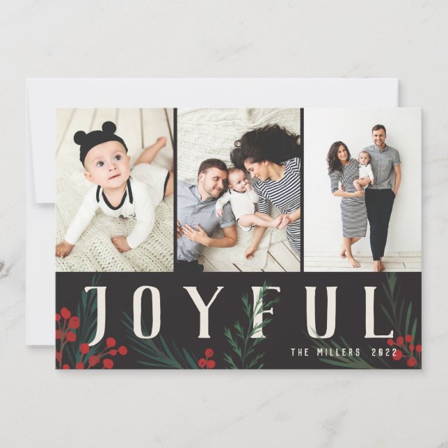 Typographic Botanicals 3 Photo Collage Joyful Holiday Card (Front)