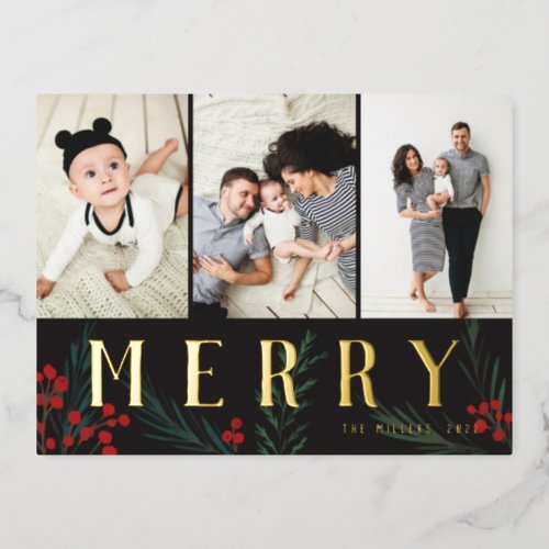 Typographic Botanicals 3 Photo Collage Merry Foil Holiday Postcard