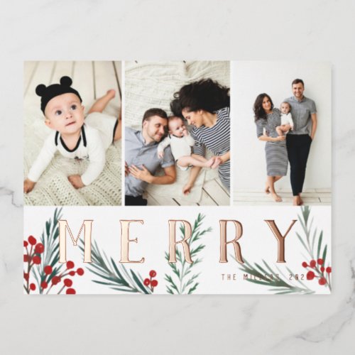 Typographic Botanicals 3 Photo Collage Merry Foil Holiday Postcard