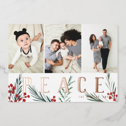 Typographic Botanicals 3 Photo Collage Peace Foil Holiday Card