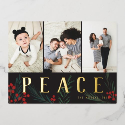 Typographic Botanicals 3 Photo Collage Peace Foil Holiday Postcard