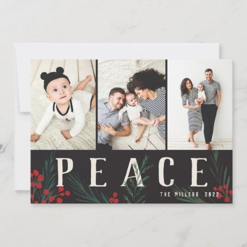 Typographic Botanicals 3 Photo Collage Peace Holiday Card