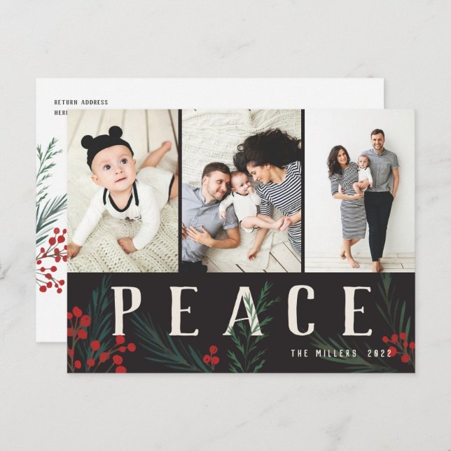 Typographic Botanicals 3 Photo Peace Holiday Postcard (Front/Back)