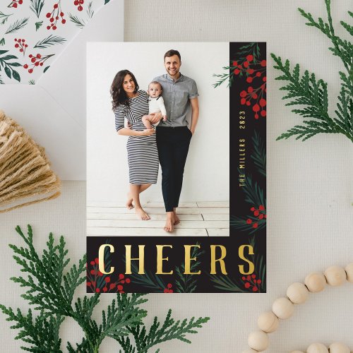 Typographic Botanicals Photo Cheers Foil Holiday Card