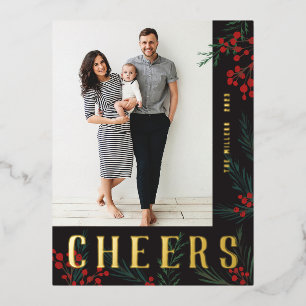 Typographic Botanicals Photo Cheers Foil Holiday Postcard