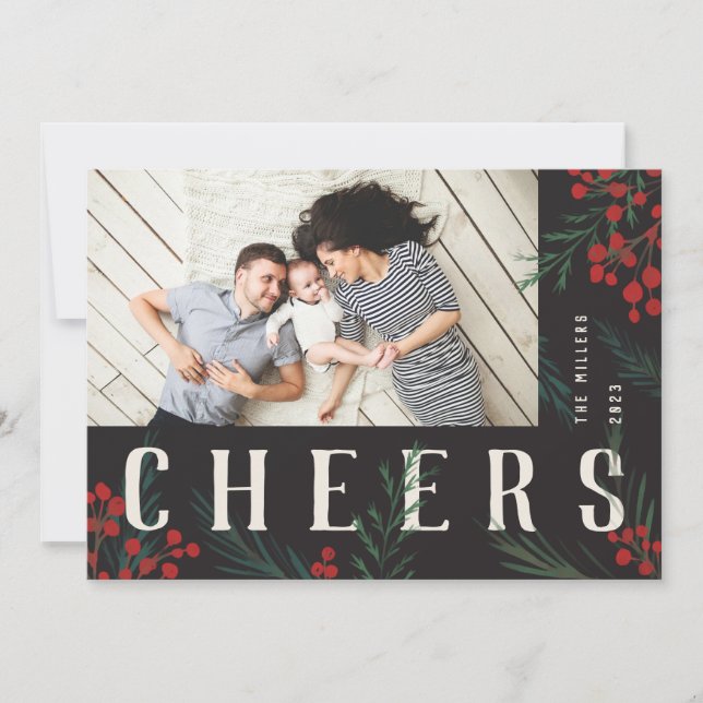 Typographic Botanicals Photo Cheers Holiday Card (Front)