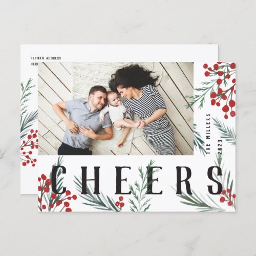 Typographic Botanicals Photo Cheers Holiday Postcard