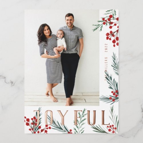 Typographic Botanicals Photo Joyful Foil Holiday Postcard