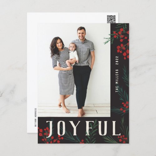 Typographic Botanicals Photo Joyful Holiday Postcard